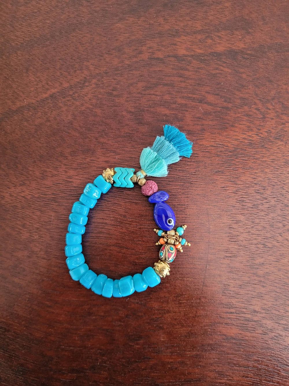 Brand New Women's Turquoise Beaded Tassel Bracelet with Blue Accent Bead